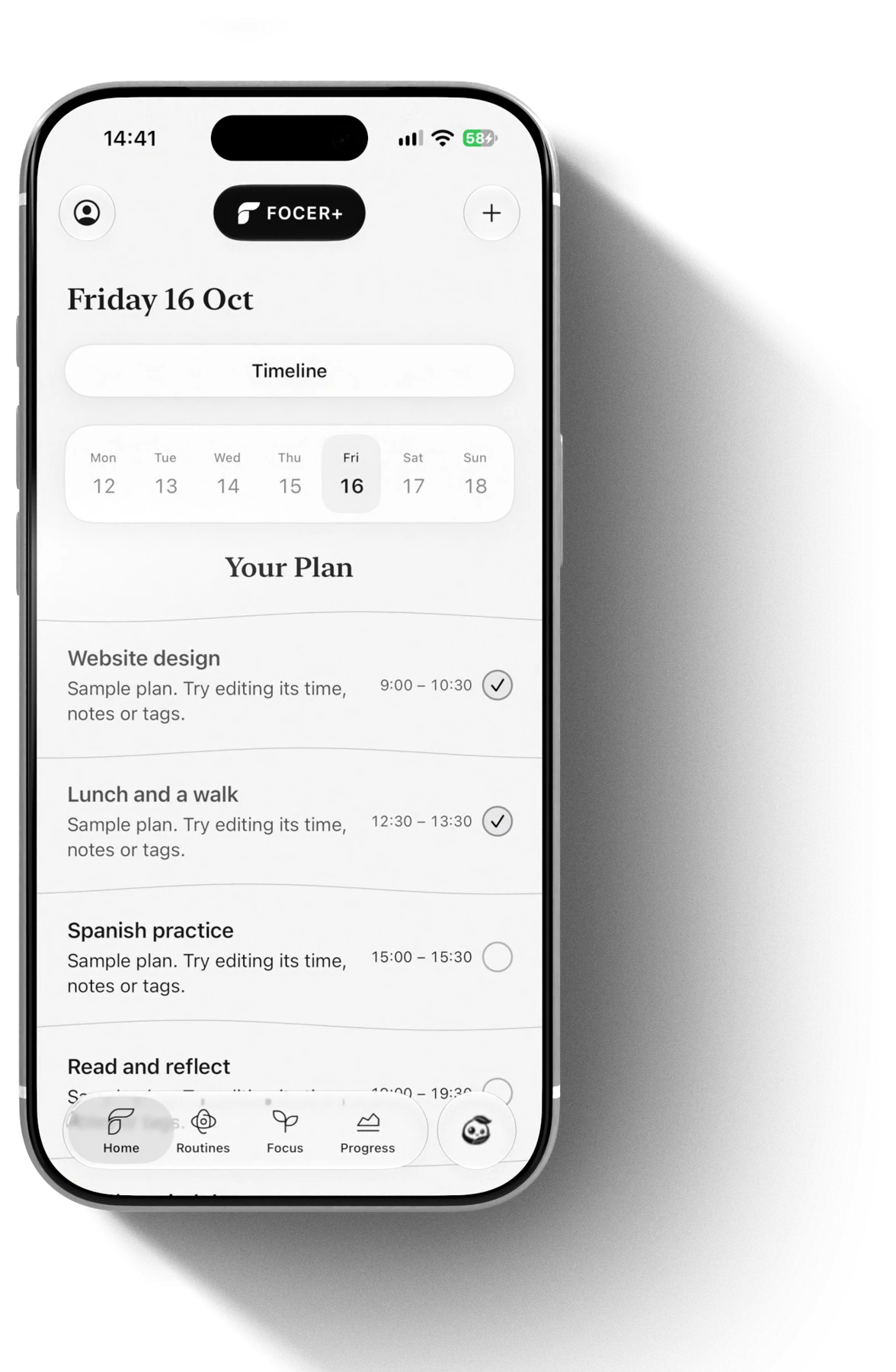 Focer on iPhone, showing the daily plan, calendar and focus navigation